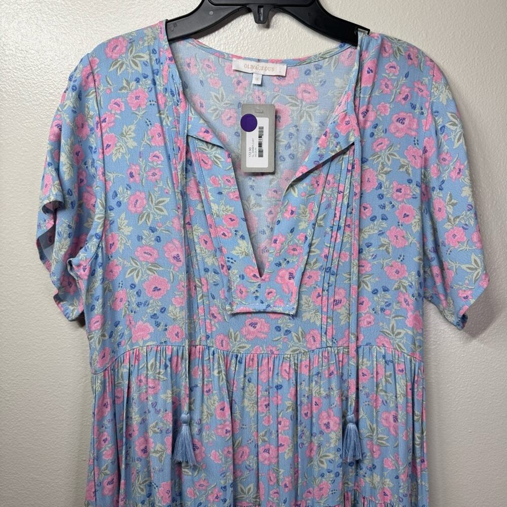 NEW OLIVACEOUS Short Sleeve Floral Printed Ruffle Boho Dress Women’s Medium - Picture 2 of 5